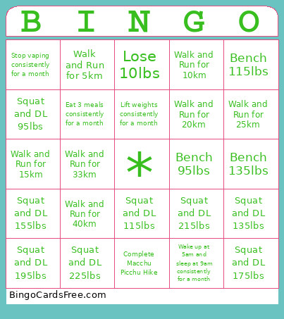 Fitness Journey Bingo Card