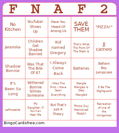 FNAF 2 Bingo Card
