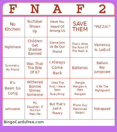 FNAF 2 Movie Bingo Card