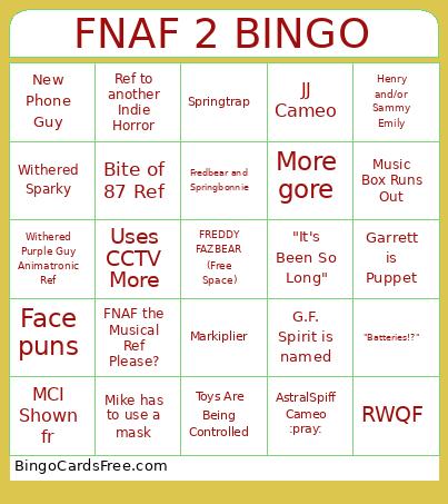 FNAF 2 Movie Bingo Card