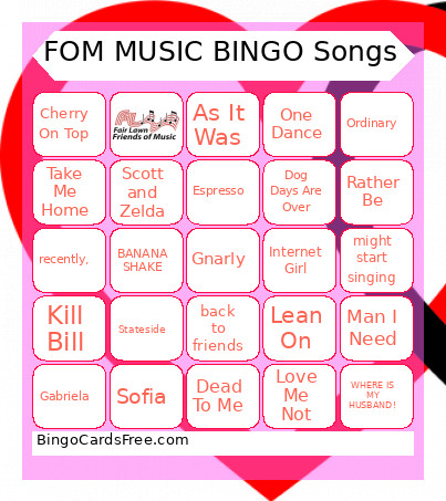 FOM TEEN MUSIC NIGHT 1 Bingo Card