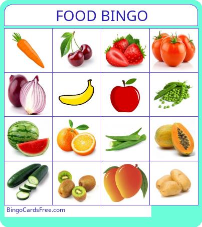 Food Bingo Cards Free Pdf Printable Game, Title:  FOOD BINGO