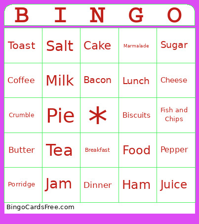 Food Bingo Card