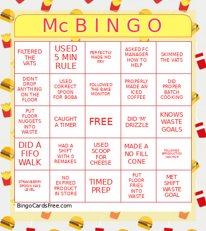 Food Cost Bingo Card