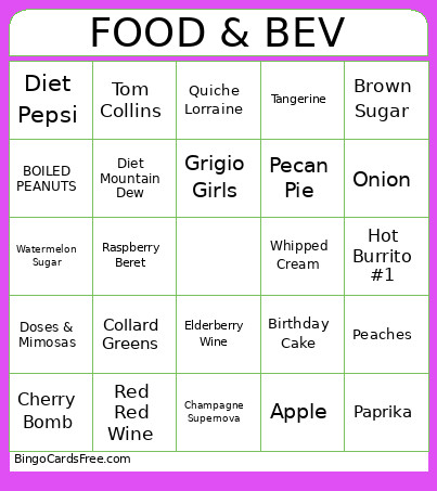 Food/Drink Bingo Card