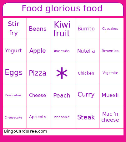 Food Glorious Food Bingo Card