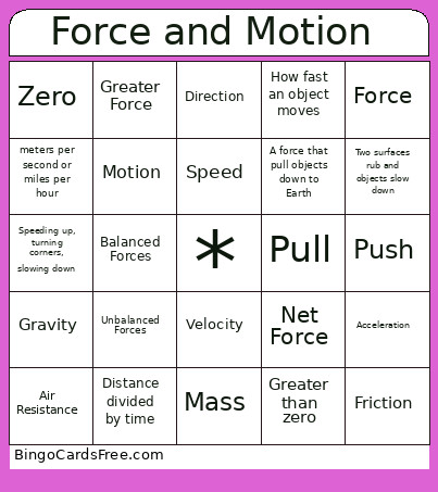 Force And Motion Bingo Card