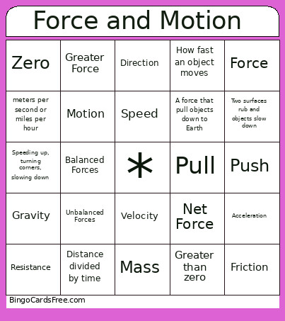 Force And Motion Bingo Card