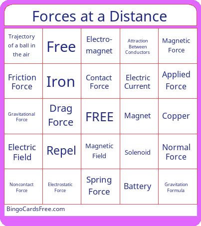 Forces at a Distance Bingo Cards Free Pdf Printable Game, Title: Forces at a Distance