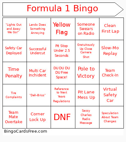 Formula 1 Bingo Card
