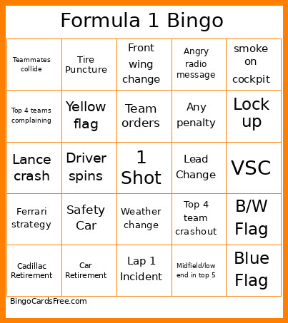 Formula 1 Bingo Card