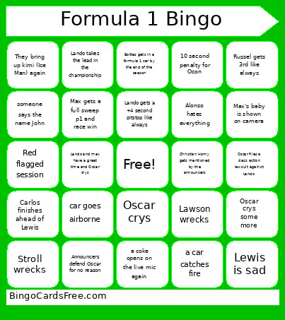 Formula 1 Time Bingo Card
