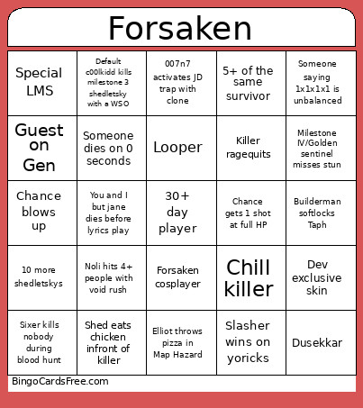 Forsaken Bingo Card