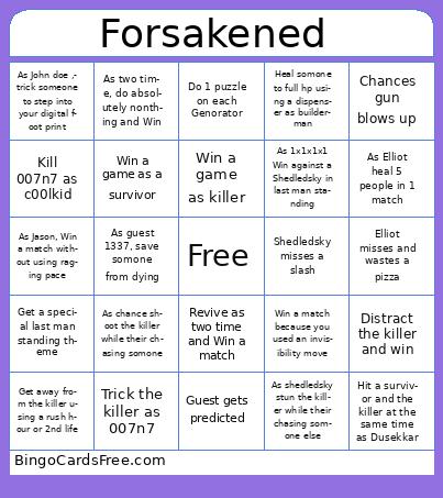 Forsaken Bingo Cards Free Pdf Printable Game, Title: Forsakened 