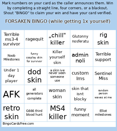 FORSAKEN (while Getting 1x Yourself) Bingo Card