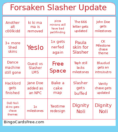 Forsaken Slasher Update Bingo Card