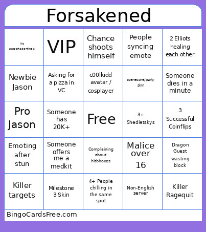 Forsakened Bingo Card