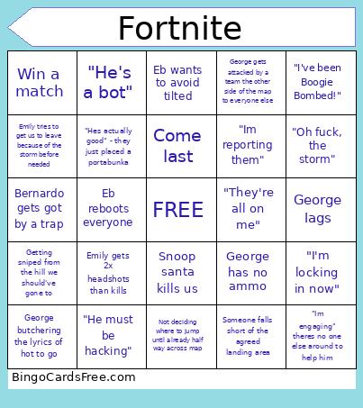 Fortnite Bingo Card
