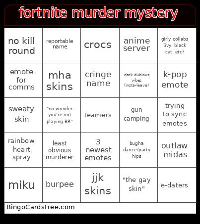 fortnite murder mystery core Bingo
