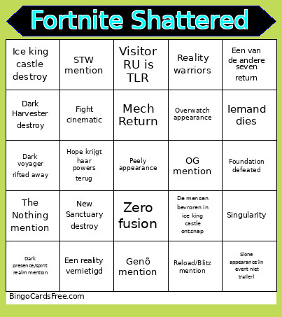Fortnite Shattered Bingo Card