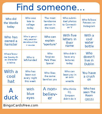 Fotosoc Refresher Bingo Cards Free Pdf Printable Game, Title: Find someone...