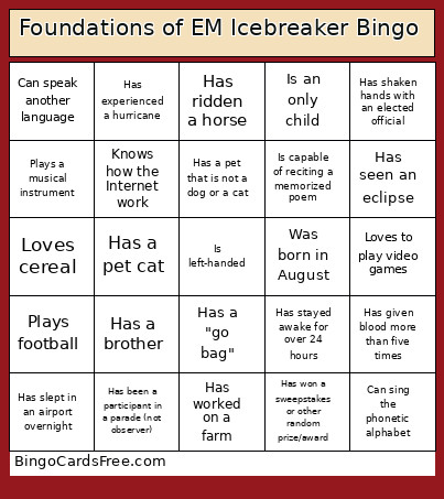 Foundations Of EM Icebreaker (Fall 2025) Bingo Card