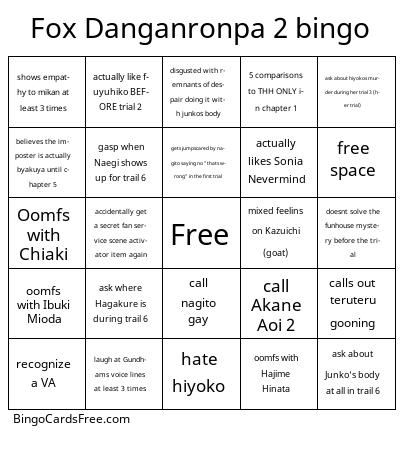 Hajime Bingo Cards Free Pdf Printable Game, Title: Fox Danganronpa 2 bingo