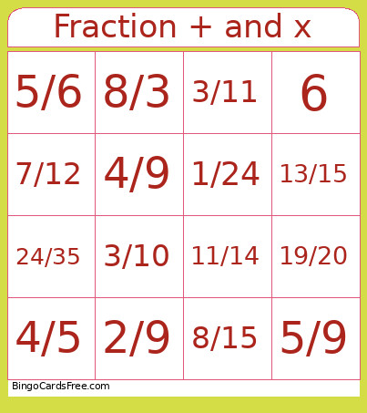 Frac Addition&Mult Bingo Card