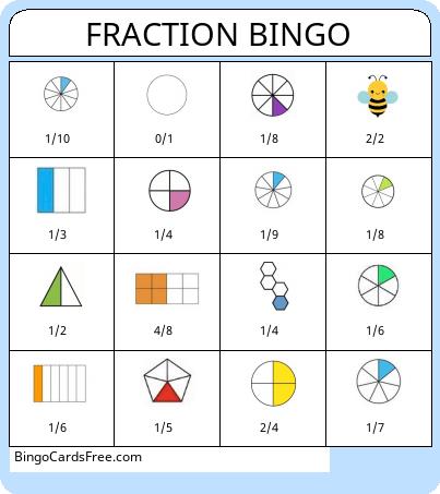 MATHY Bingo Cards Free Pdf Printable Game, Title: FRACTION BINGO