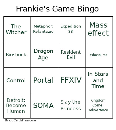 Frankie's Game Bingo Card