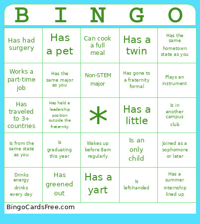 Frat Bingo Card