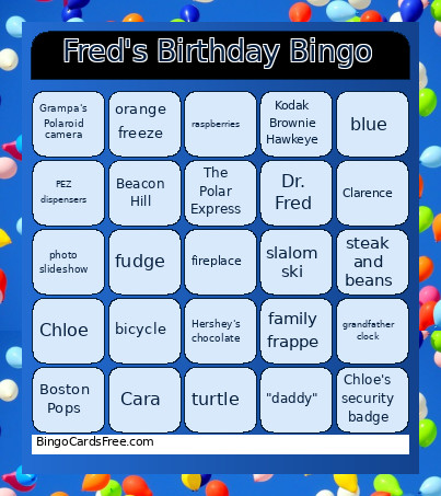 Fred's Birthday Bingo Card