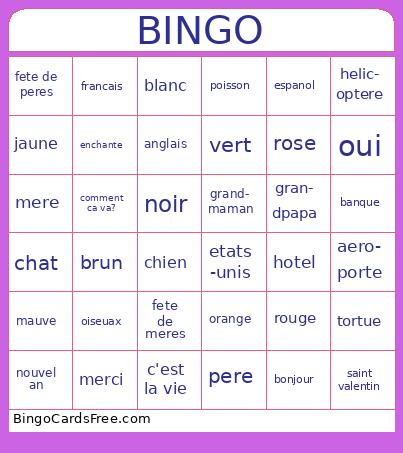 French Bingo Cards Free Pdf Printable Game, Title: BINGO