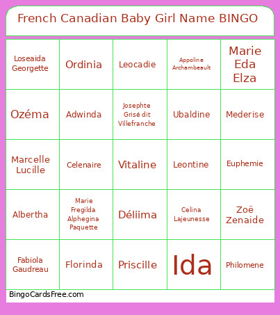 French Canadian Baby Girl Name Bingo Card