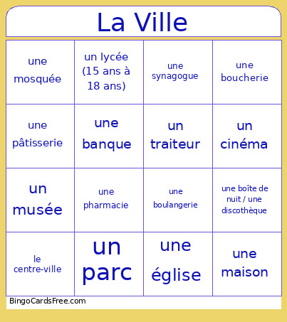 French City Vocabulary Bingo Card