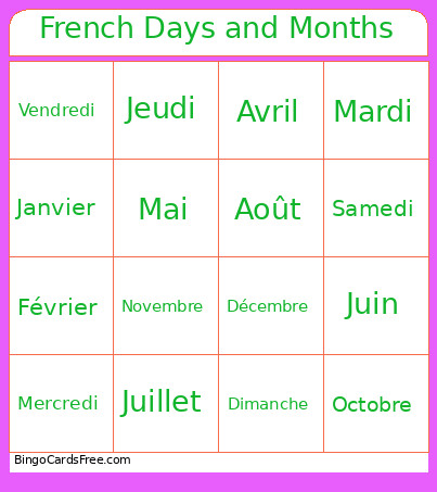 French Days And Months Bingo Card