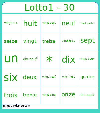 French Numbers Bingo Card
