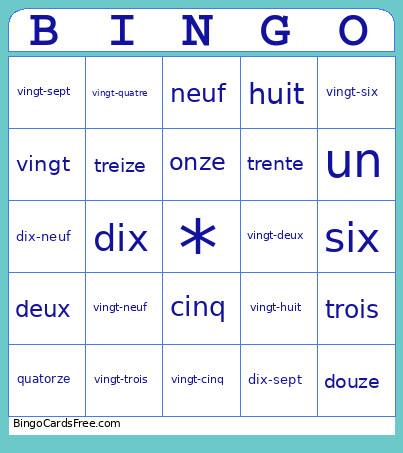 French Numbers To 30 Bingo Card