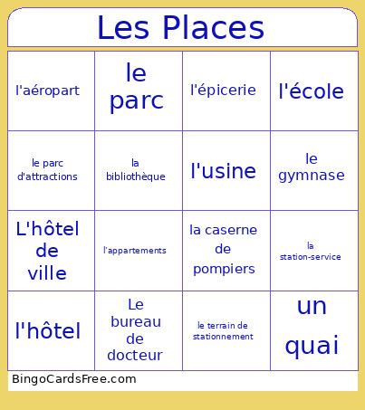 French Place Names Bingo Card