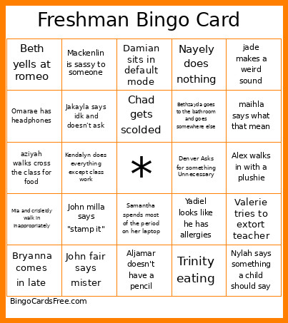 Freshman Bingo Card 2