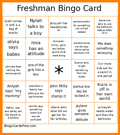 Freshman Bingo Card