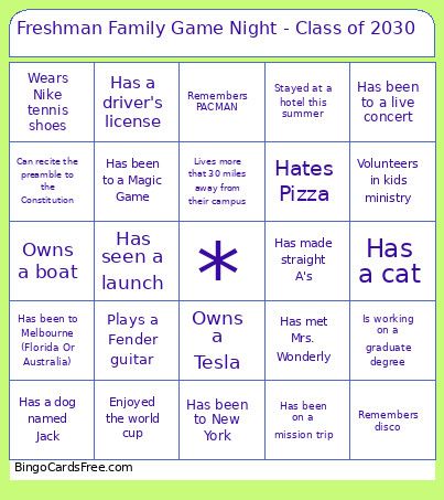 Freshman Family Game Night - Class Of 2030 Bingo Card