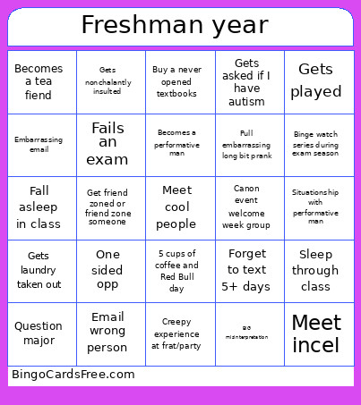 Freshman Year Bingo Card