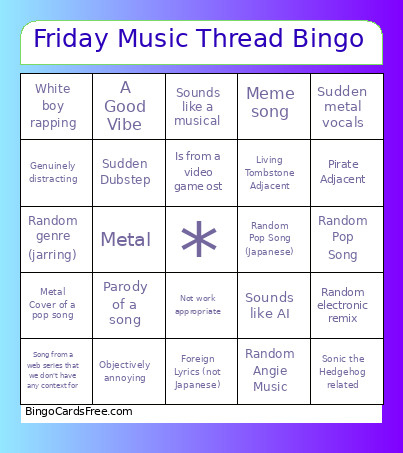Friday Music Thread Bingo Card