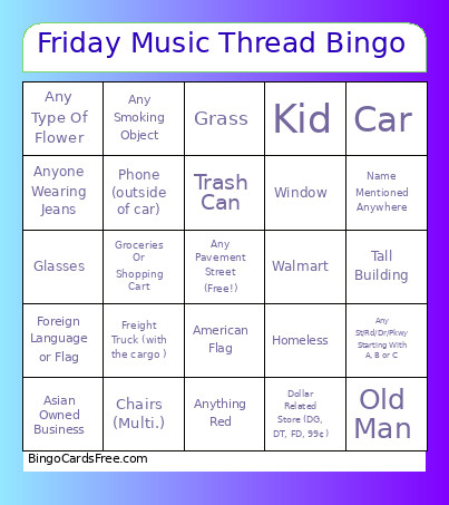 Friday Music Thread Bingo Card