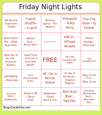 Friday Night Lights Bingo Card