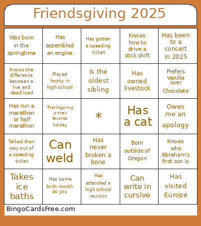 Friendsgiving 2025 Bingo Card