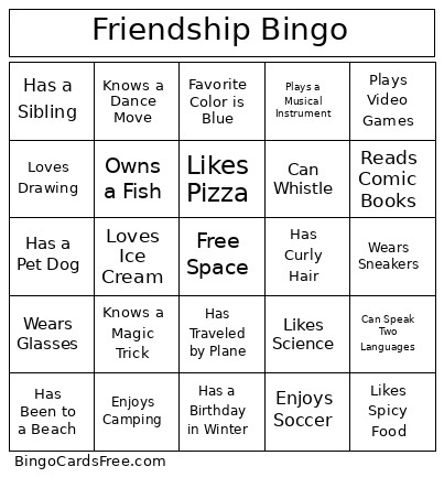 Friendship Bingo Card