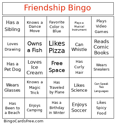 Friendship Bingo Card