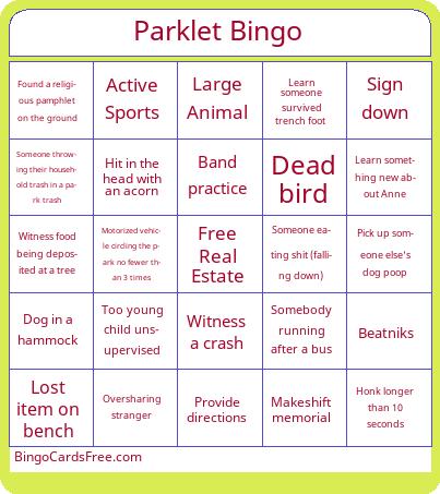 Friendship Parklet Bingo